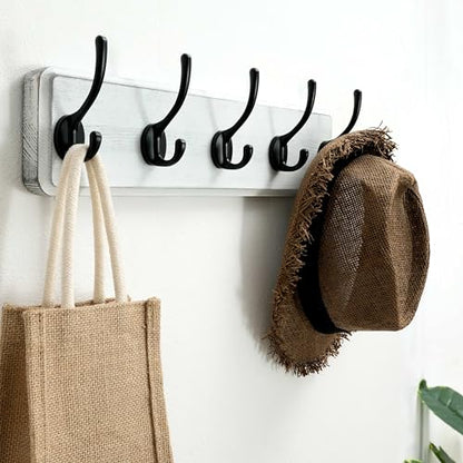 SKOLOO Rustic Wall Mounted Coat Rack, 16 inches Hole to Hole, Case of 2, Pine Solid Wood Coat Hook Hanger - 5 Hooks for Hanging Clothes Robes Towels Coats - color: White Plate & Black Hook, size: 2 Item-5 Hooks