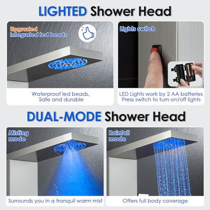 ROVOGO LED Shower Panel Tower System with Lights, 5 Shower Modes, 46.5 Inch | Rainfall Mist Shower Head, 3 Body Jets, Handheld, Waterfall Tub Spout, Stainless Steel Shower Column W/ Mixing Valve, Brushed - style: 46.5" Brushed