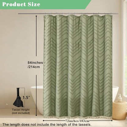 Extra Long Light Green Boho Shower Curtain, Chic Tufted Chevron Striped Textured Fabric Cloth Shower Curtains with Tassel for Bathroom, Soft Hotel Style Farmhouse, Machine Washable, 72x84 - color: Light Green, size: 72"W x 84"L (Pack of 1)
