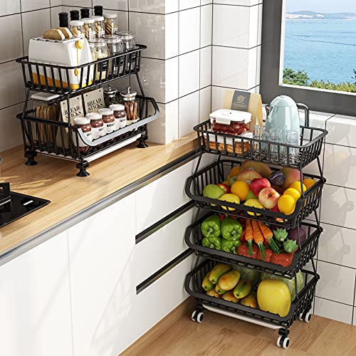 Metal Wire Baskets with Wheels, Stackable Storage Bins Kitchen Organizer Shelf 3-4-5-6 Tier Fruit Vegetable Cart Dishes Seasonal Rack Shelves for Garage, Pantry, Bathroom - size: 4 Tier without Slide Drawer