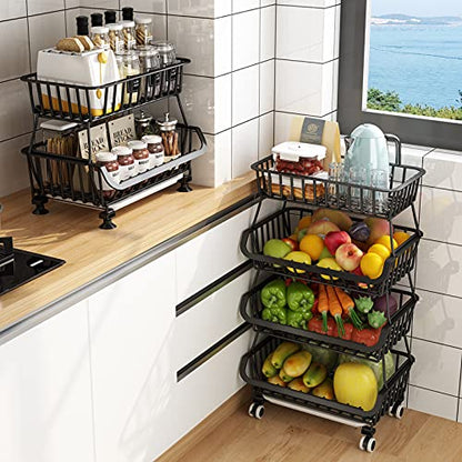 Metal Wire Baskets with Wheels, Stackable Storage Bins Kitchen Organizer Shelf 3-4-5-6 Tier Fruit Vegetable Cart Dishes Seasonal Rack Shelves for Garage, Pantry, Bathroom - size: 4 Tier without Slide Drawer