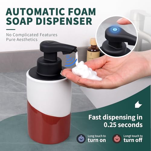 BosilunLife Automatic Soap Dispenser Ceramic Hand Free Soap Dispenser Pump Rechargeable Smart Electric Soap Lotion Dispenser Touchless for Kitchen Bathroom (White-Red, Foam Pump) - color: White-red (Foam)