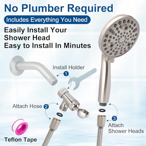 Shower Head with Handheld - All Metal Holder and Long Hose, High Pressure | Showerhead Sprayer Built-in Power Wash to Clean Tub, Tile & Pets, Multi Mode Adjustment, Brushed Nickel 2.5 GPM - color: Brushed Nickel