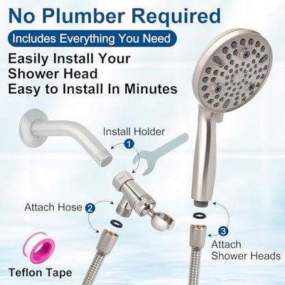 Shower Head with Handheld - All Metal Holder and Long Hose, High Pressure | Showerhead Sprayer Built-in Power Wash to Clean Tub, Tile & Pets, Multi Mode Adjustment, Brushed Nickel 2.5 GPM - color: Brushed Nickel