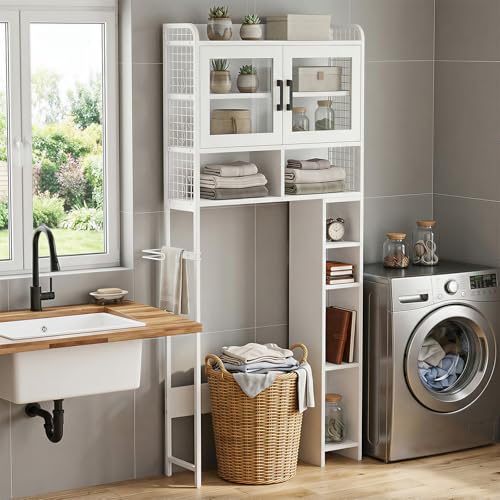 DHZ Over the Toilet Storage Cabinet, 65.55" H Bathroom Space Saver Organizer, 6 Movable Hooks & Paper Holder, Toilet Shelf for Restroom, Laundry, White
