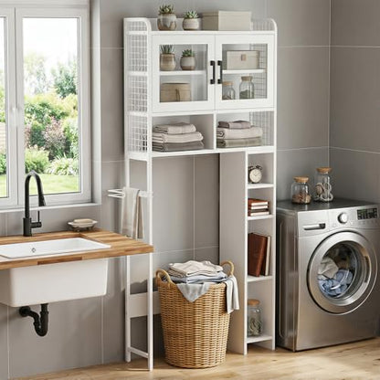 DHZ Over the Toilet Storage Cabinet, 65.55" H Bathroom Space Saver Organizer, 6 Movable Hooks & Paper Holder, Toilet Shelf for Restroom, Laundry, White