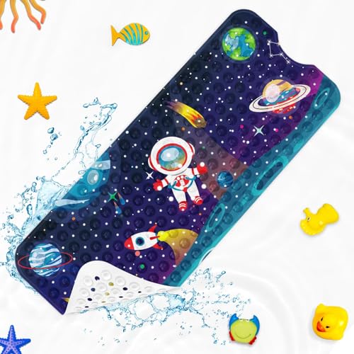 Bath Mat for Tub, Space Astronaut, 40 X 16 Inch, for Kids | Sun Moon Earth Extra Long Baby Toddler Bathtub Non Slip Shower with Suction Cups and Drain Holes - color: Multicolor