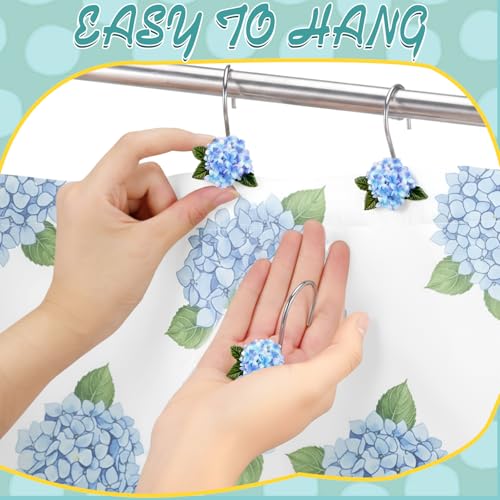 12 Pcs Hydrangea Decorative Shower Curtain Hooks Blue Flower Shower Curtain Rings Hanger Stainless Steel Resin Spring Floral Themed Hooks for Home Bathroom Decor - style: Hydrangea