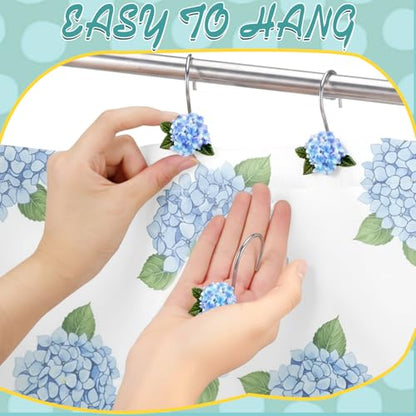 12 Pcs Hydrangea Decorative Shower Curtain Hooks Blue Flower Shower Curtain Rings Hanger Stainless Steel Resin Spring Floral Themed Hooks for Home Bathroom Decor - style: Hydrangea