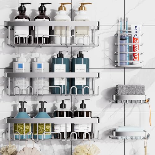 Veken Shower Caddy 6-Pack, Family Choice Award Winner, Large Wall Mounted Shower Rack, Bathroom Shelves Over Toilet, Organizer Storage Accessories with Soap Dish&Toothbrush Holder, Silver