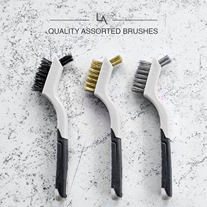 Wire Brush Set 3Pcs - Nylon/Brass/Stainless Steel Bristles with Curved Handle Grip for Rust, Dirt & Paint Scrubbing with Deep Cleaning – 7 Inches (Grey) - color: Gray