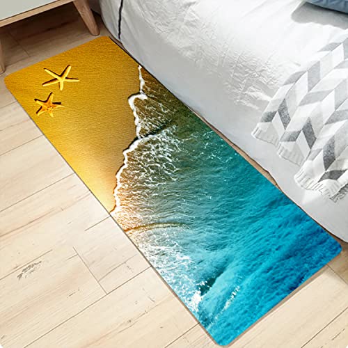 LYFANS Bath Rugs Sponge Foam Absorbent Soft for Bathroom and Kitchen (24x71 inches), Flannel Mat Non Slip Bright 3D Print for Bedside and Living Room(Starfish Beach) - color: Starfish Beach, size: 71 x 24 inches