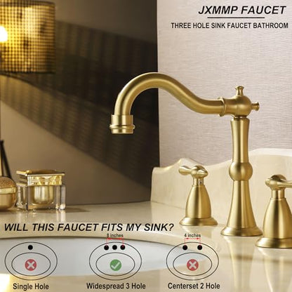 Antique Brushed Gold Bathroom Faucet 3 Hole, Widespread Bathroom Sink Faucet with Pop Up Drain and cUPC Supply Hose, Modern 2 Handle Vanity Faucet Gold JXM3073BG - color: Brushed Gold