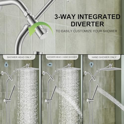 Brushed Nickel 10 Inch All Metal Rain Shower Head with Handheld Spray | High Pressure Rainfall Shower Head wih Adjustable Extension Arm, Dual Showerhead Set with 60" Shower Hose, Square Rainfall - color: Brushed Nickel