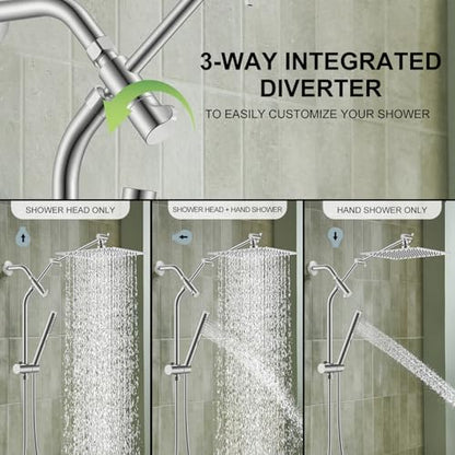 Brushed Nickel 10 Inch All Metal Rain Shower Head with Handheld Spray | High Pressure Rainfall Shower Head wih Adjustable Extension Arm, Dual Showerhead Set with 60" Shower Hose, Square Rainfall - color: Brushed Nickel