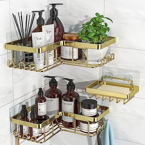 Corner Shower Caddy, 3-Pack Adhesive Bathroom Caddy with Soap Holder and 12 Hooks, Rustproof Stainless Steel Shower Organizer, No Drilling Wall Mounted Shower Rack, for Bathroom, Gold - color: Gold