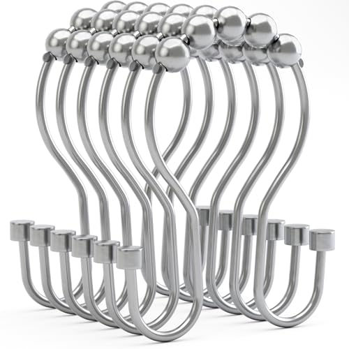 Bathway Shower Curtain Hooks Chrome Shower Curtain Rings with Cylindrical Design, Metal Shower Curtain Hooks Rust Proof, Smooth Glide Double Shower Hooks Rings for Shower Curtain - color: Chrome, style: Modern Shower Hooks with Cylinders
