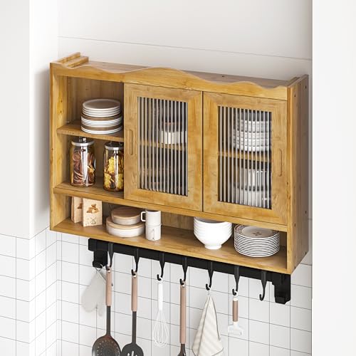 Retro Style Haze Two Glass Door Wood Wall Cabinet with Detachable Shelves for Office, Dining Room,Living Room, Kitchen and Bathroom - color: Natural(3)