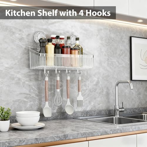 3 Pack Suction Cup Shower Caddy Not Suitable for Wet Wall | Clear Shower Shelves No Drillingwith Movable Hooks & Toothbrush Holder, Wall Storage Shelves for Bathroom, Kitchen