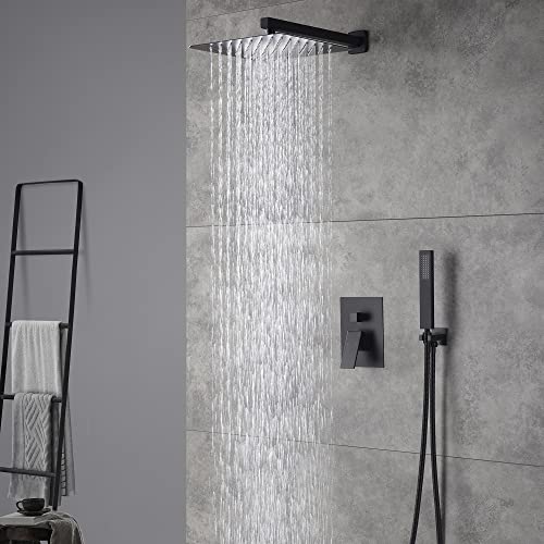 Cascada 12” Square Shower System (Wall Mounted) with Single Handle & square knob, 2 Functions (Rainfall & Handheld) (Matt Black) - color: Matt Black