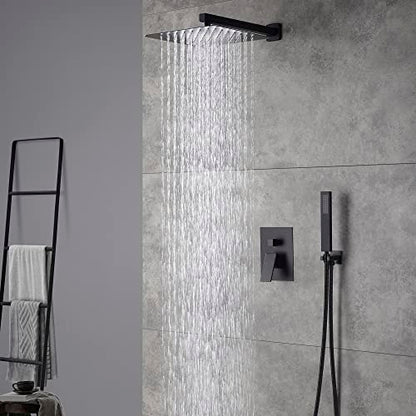 Cascada 12” Square Shower System (Wall Mounted) with Single Handle & square knob, 2 Functions (Rainfall & Handheld) (Matt Black) - color: Matt Black