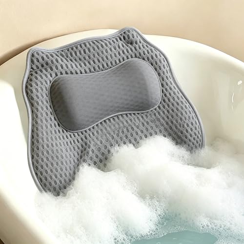 Bath Pillow for Tub,48 Non-Slip Suction Cups,Soft 4D Breathable Air Mesh | Ergonomic,Head,Neck and Back Support,Suitable for hot tub,jacuzzi,spa,Quick-dry non-slip.Machine washable,Bath Gifts,White - color: Gray