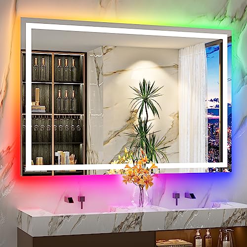 60x40 Inch RGB LED Bathroom Mirror Front Light and RGB Backlit Lighted Vanity Mirror for Bathroom Wall Mounted Dimmable Anti Fog Memory Shatter-Proof IP54 Waterproof Horizontal/Vertical - color: Rgb Backlit+front Lit, size: 60"L x 40"W