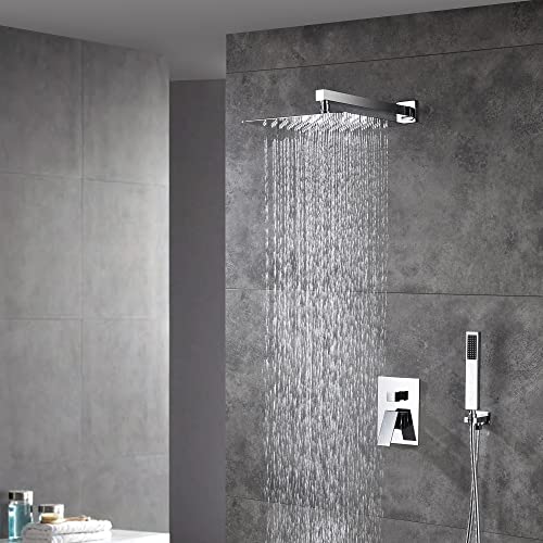 Cascada 12” Square Shower System (Wall Mounted) with Single Handle & square knob, 2 Functions (Rainfall & Handheld) (Brushed Nickel) - color: Brushed Nickel