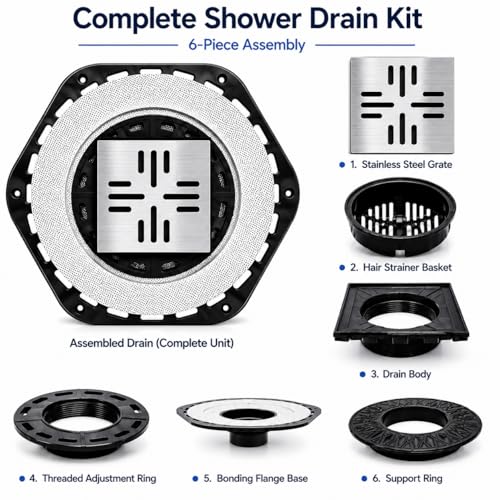 4-Inch Square Shower Drain Kit, Hex Bonding Flange, Brushed Silver | Removable 304 stainless steel grate with hair strainer; fits 2- and 3-inch pipes for tiled shower floors and wet areas - size: 4in-Brushed Stainless Steel(N)