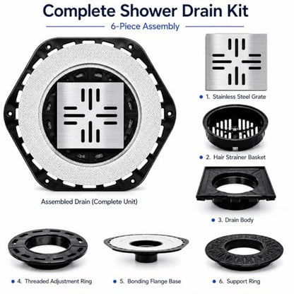 4-Inch Square Shower Drain Kit, Hex Bonding Flange, Brushed Silver | Removable 304 stainless steel grate with hair strainer; fits 2- and 3-inch pipes for tiled shower floors and wet areas - size: 4in-Brushed Stainless Steel(N)