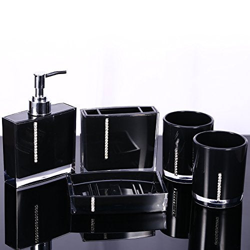 Bathroom Accessory Set, 5Pcs Black Modern Countertop Bath Decor Set with Soap Dispenser, Toothbrush Holder, 3 Tumblers & Soap Dish, Resin High-Gloss for Home, Hotel, Guest Bath