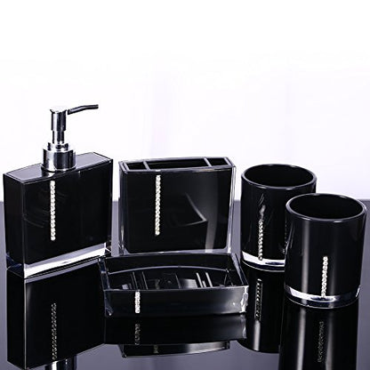 Bathroom Accessory Set, 5Pcs Black Modern Countertop Bath Decor Set with Soap Dispenser, Toothbrush Holder, 3 Tumblers & Soap Dish, Resin High-Gloss for Home, Hotel, Guest Bath