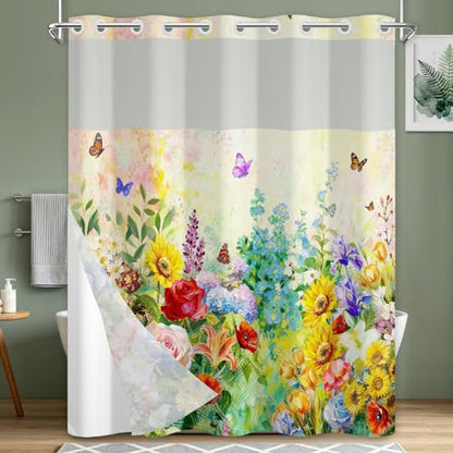 No Hook Shower Curtain with Snap in Liner, Double Layer Waterproof Bathroom Shower Curtain with See Through Window and Weighted Hem, Machine Washable Spring Colorful Floral Bath Curtain, 71"W x 74"L - color: Vibrant Spring