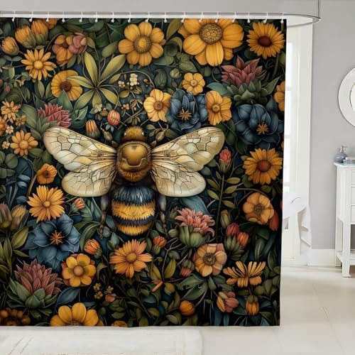 Cartoon Bee Kids Shower Curtains,Sunflowers Leaf Leaves Insect Botanical Nature Bathroom Curtains for Girls Boys,Rustic Farmhouse Cabin Retro Waterproof Curtain,12 Hooks Suits,72" W x 78" L - color: Color 04, size: 72"Wx78" L