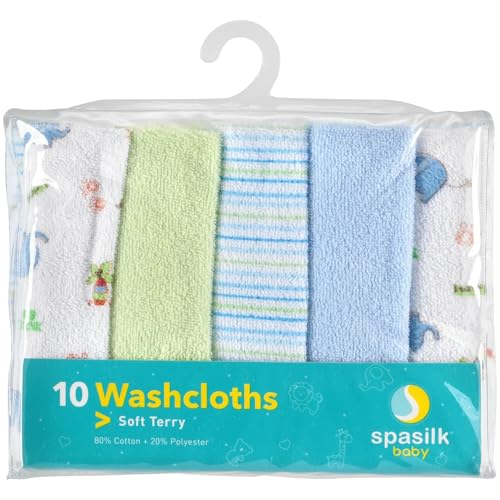 Spasilk Baby 10 Pack Soft Terry Bath Washcloth Wipes - color: Blue Elephant, size: 10 Count (Pack of 1)