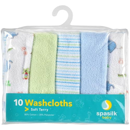 Spasilk Baby 10 Pack Soft Terry Bath Washcloth Wipes - color: Blue Elephant, size: 10 Count (Pack of 1)