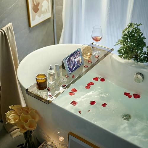 Bathtub Caddy Tray for Luxury Bathroom Bath tub Table Caddy Tray Shelf for Shower with Gold Handles fits All bathtubs - color: Black - With Handle