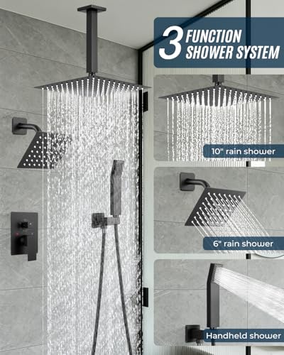Rain Shower Faucet Set, 10" Top + 6" Side Head, Matte Black | 3-head set w/ valve, SUS304 anti-freeze, 6 spray modes, self-clean nozzles - color: Matte Black, style: 10''-Ceiling Mount+6" Shower Head