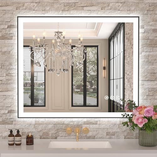 Amorho 30"x36" LED Bathroom Mirror, Frontlit&Backlit, Controlled Separately | Black Metal Frame, Stepless Dimmable, Anti-Fog, HD Reflection, Shatter-Proof, 3 Colors Lighting, Memory, UL Listed - color: Front and Backlit With Frame(separate Dimming), size: