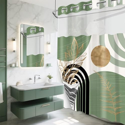 Sage Green Hookless Shower Curtain with Snap in Liner, Boho Mid Century Black and Light Green No Hook Double Layer Shower Curtains and Liner Set, Waterproof Cloth Fabric, 71" W X 74" L - color: Green, size: 71"W x 74"L (Pack of 1)