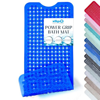 SlipX Solutions 39"x16" Power Grip Non Slip Bathtub Shower Mat, Blue | Stronger Wet Surface Protection, Soft Under Foot, 265+ Suction Cups, Large Drainage Holes - color: Clear Blue
