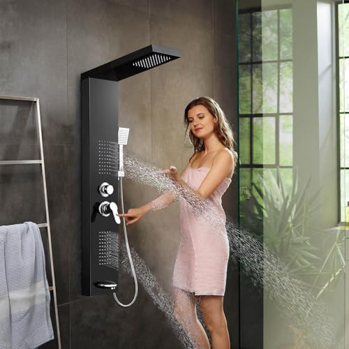 ROVOGO Shower Panel Tower System with 4 Shower Modes, 46.5", No Led Lights | Rainfall Shower Head, 2 Body Jets, Handheld and Tub Spout, Stainless Steel Shower Column with Brass Mixing Valve, Black - color: Black-no led