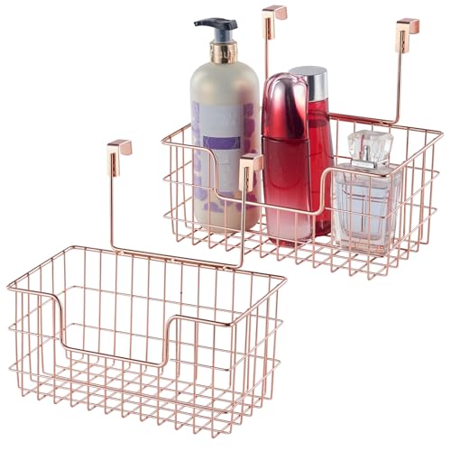 JUNCHU CHERRY Wire Hanging Storage Basket 2 Packs, Wall Mounted Kitchen Bathroom Storage Basket, Home Multi-Functional, no Punching, Bearing Strong, Suitable for Home, Office,Rose Gold - color: Rose Gold