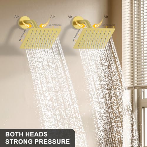 Bathtub Shower System 6-Inch Dual Overhead Rain Showers with 3-Function Handheld Showerhead & Power Jet | Complete Set with Diverter Valve (Brushed Gold)
