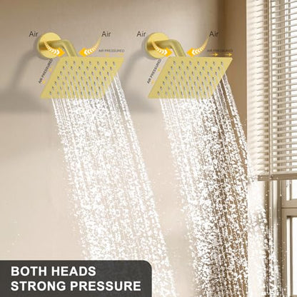 Bathtub Shower System 6-Inch Dual Overhead Rain Showers with 3-Function Handheld Showerhead & Power Jet | Complete Set with Diverter Valve (Brushed Gold)