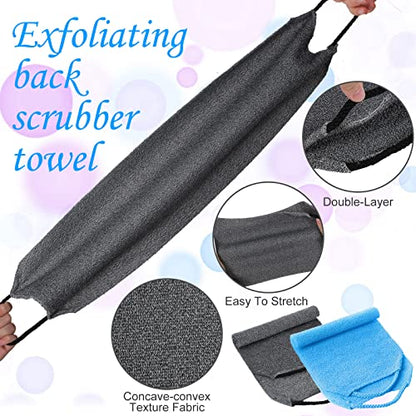 Moukeren Exfoliating Back Scrubber with Handles 4 Pack Nylon Back Exfoliator Extended Length Washers Scrubbers Stretchable Pull Strap Exfoliating Washcloth(Gray, Deep Blue) - color: Gray, Deep Blue