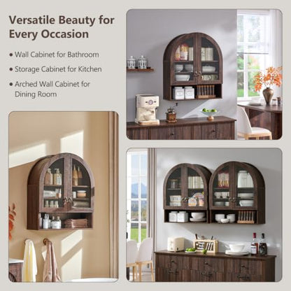 IFGET Bathroom Arched Wall Cabinet, 23.6'' Wide Medicine Cabinet with Adjustable Shelves & Glass Doors, Over The Toilet Storage Wall Mount Cabinet for Laundry Room, Kitchen & Living Room, Dark Walnut - color: Dark Walnut