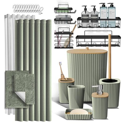 Clara Clark Bathroom Accessories Set - 27PC Bathroom Set with Adhesive Corner Shower Caddy Hanging, Bathroom Sets with Shower Curtain and Rugs, Sage Green Shower Curtain Set with Bathroom Trash Can | 27 Piece Sage Green Bathroom Sets with Shower Curtain a