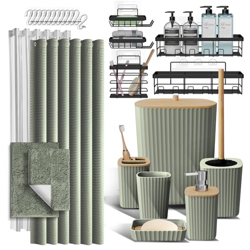 Clara Clark Bathroom Accessories Set - 27PC Bathroom Set with Adhesive Corner Shower Caddy Hanging, Bathroom Sets with Shower Curtain and Rugs, Sage Green Shower Curtain Set with Bathroom Trash Can | 27 Piece Sage Green Bathroom Sets with Shower Curtain a