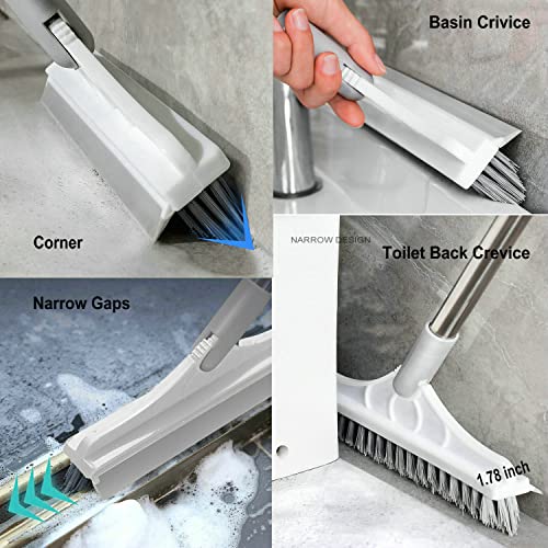 2 in 1 Cleaning Scrub Brush Grout Brush Scrape Floor Scrub Brush with Long Handle V-Shape Stiff Bristle Brush Scrubber with Squeegee 120°Rotating Shower Scruber for Cleaning Bathroom Glass Wall - color: White Color